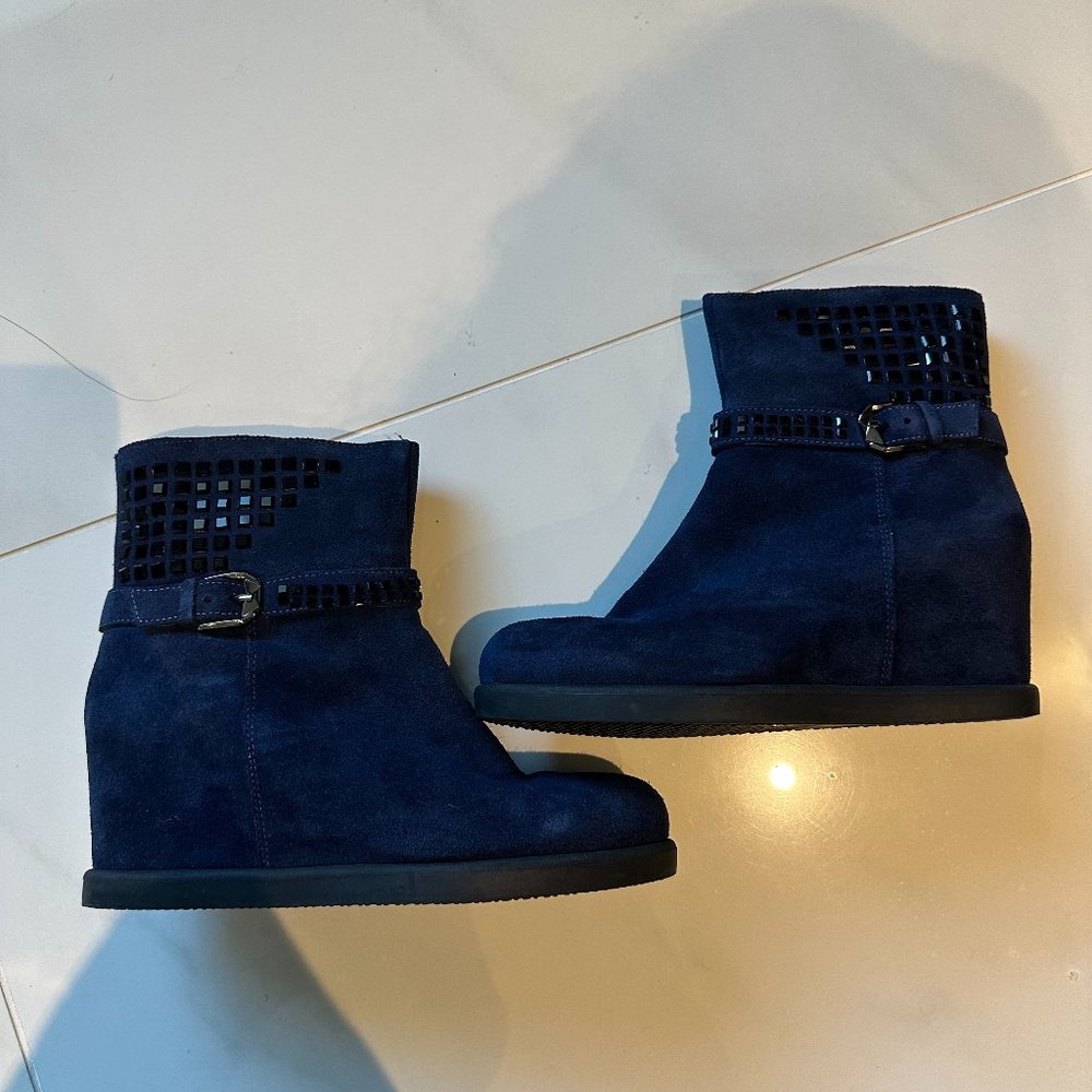 Blue Suede Gem Embellished Buckle Wedge Bootie